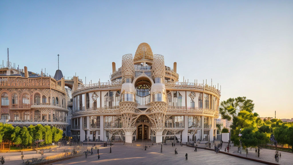 Modern building with intricate latticework and dome beside traditional architecture at dusk