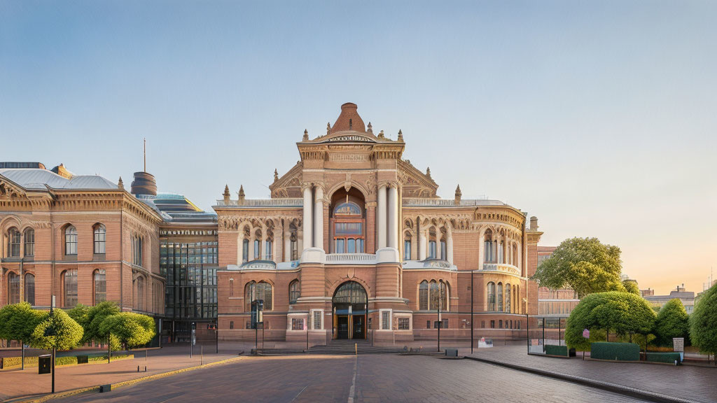 Neoclassical building with ornate façade and archway at dusk