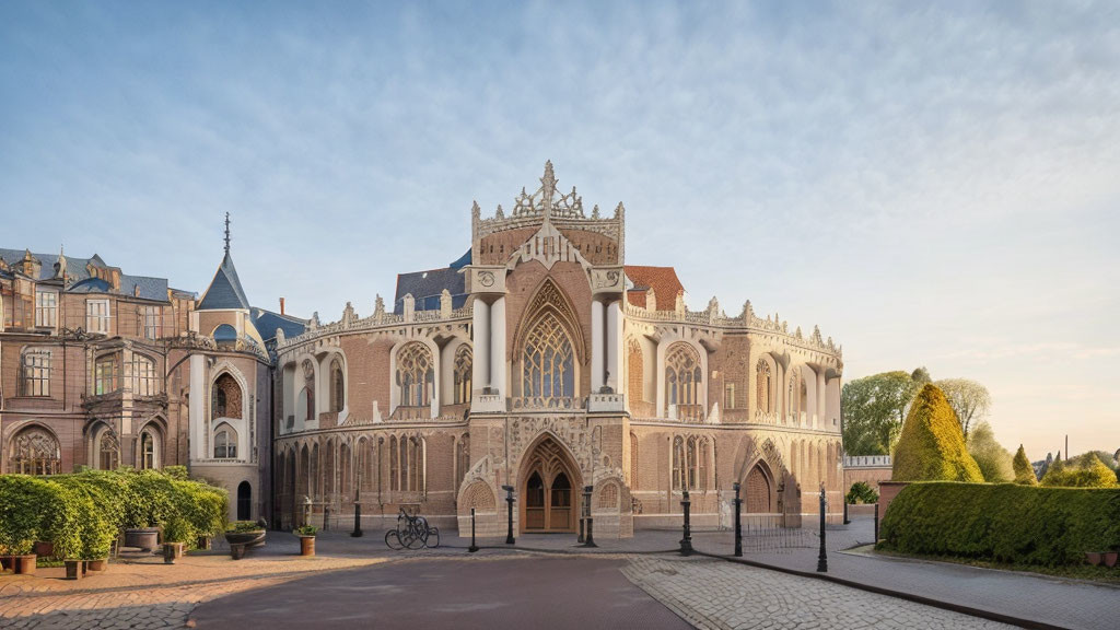 Historic Gothic Architecture with Ornate Facades and Cobblestone Courtyard at Dusk