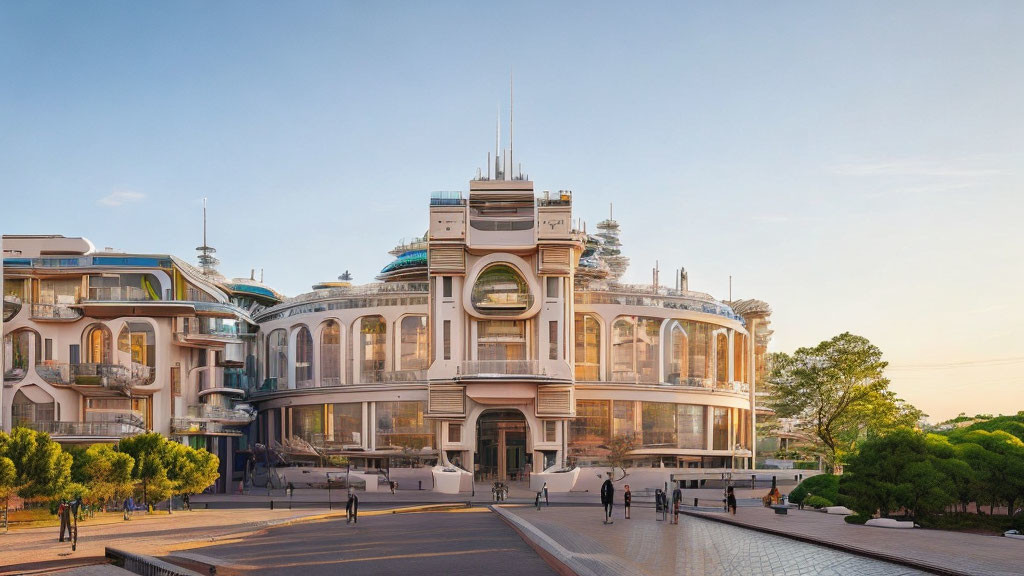 Modern multi-tiered building with classical architecture elements and spires, large windows, people walking on plaza