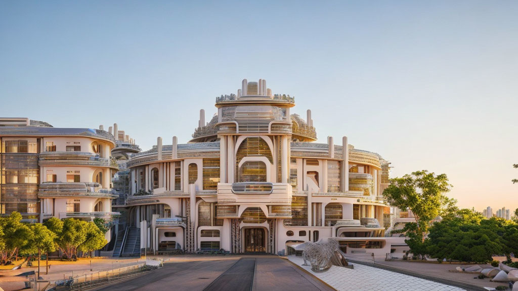 Symmetrical modern palace with balconies and art deco elements at dusk