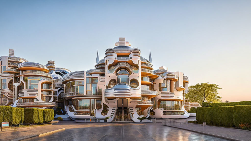 Stacked Organic-Shaped Buildings in White and Gold against Sunset Sky