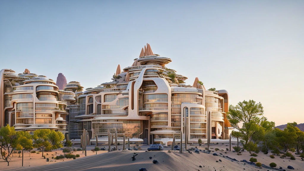 Futuristic desert cityscape with organic architecture blending into rocky landscape