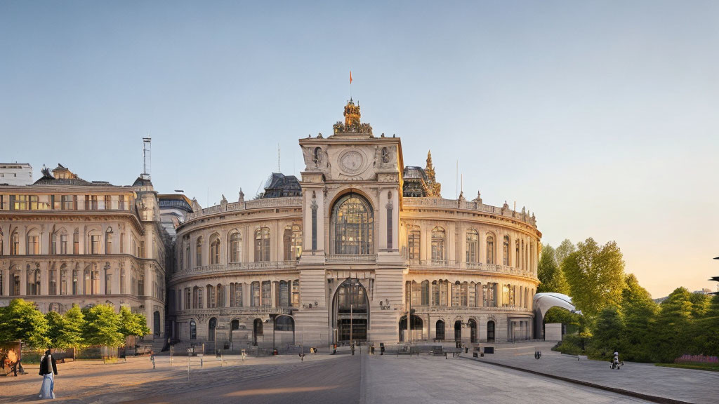 Classical building with clock tower in sunny square