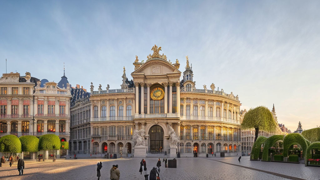 Ornate building with golden clock and symmetrical wings in open square