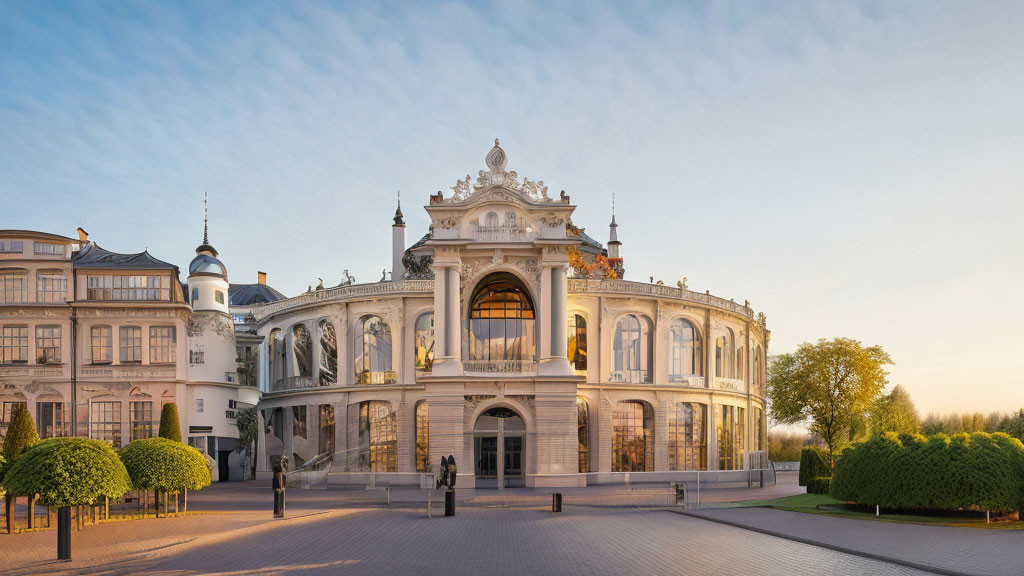 Classical building with ornate decorations and large windows in sunset setting