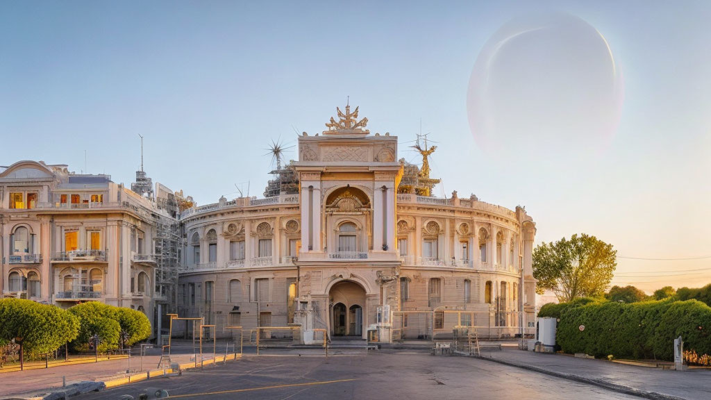 Ornate building with sculptures and decorations at sunset