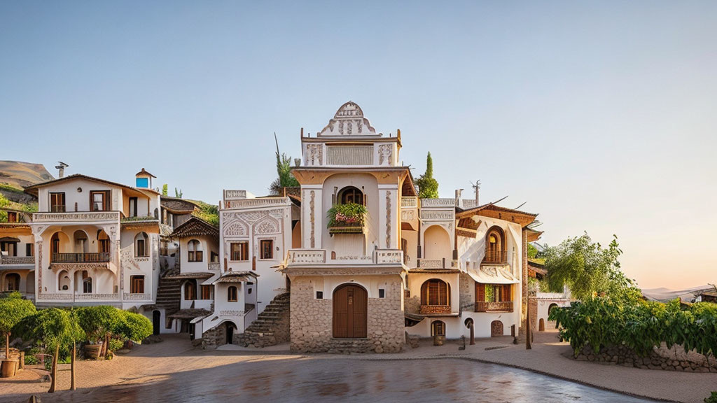 Traditional white building with ornate balconies in hilly landscape