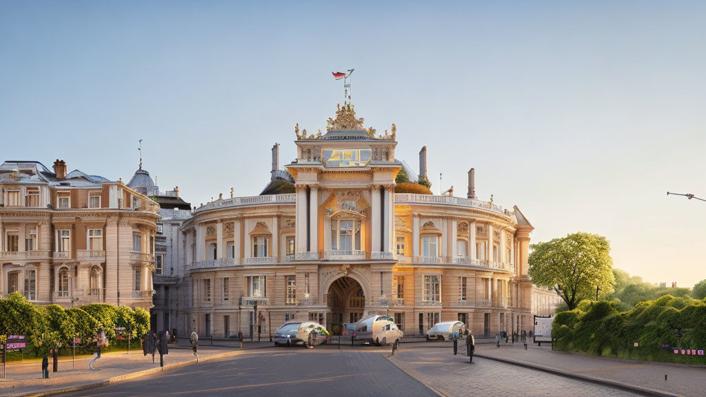 Grand entrance and ornate roof details in classical-style building at sunset