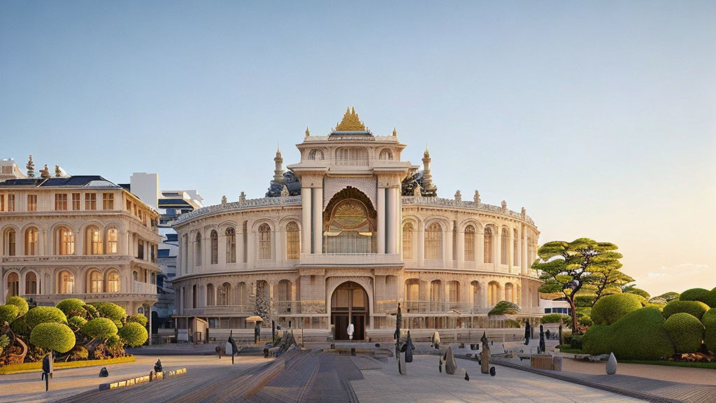 Classical building with central archway and modern surroundings