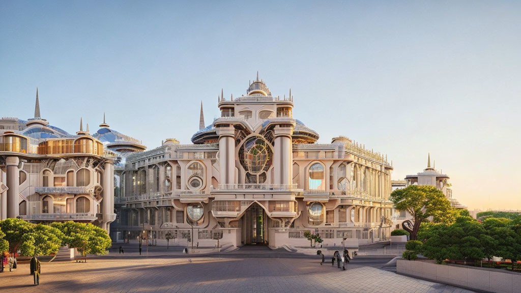 Ornate white building with domes and large windows in sunlight