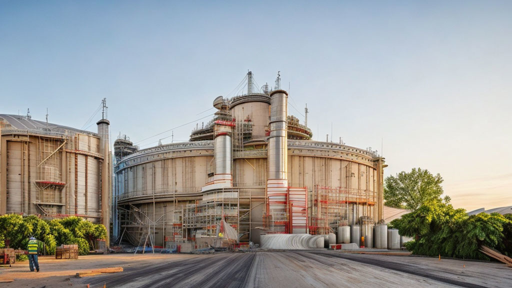 Factory silos with scaffolding under clear sky at dawn or dusk