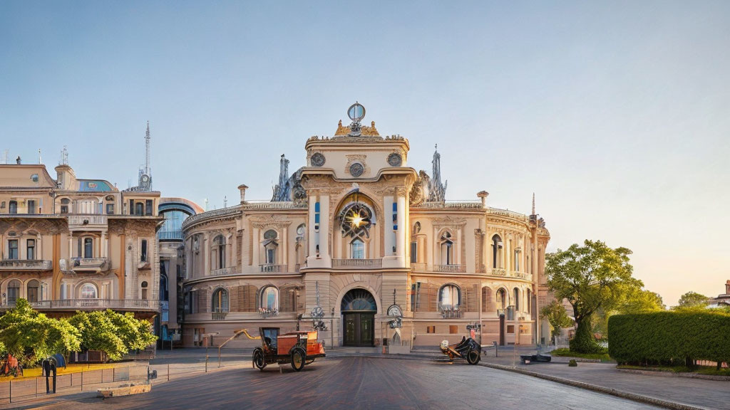 Neoclassical Building with Sculptures and Vintage Cars at Dusk