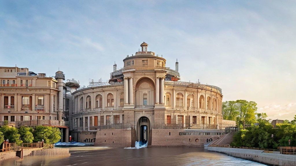 Historical building with dome and archway surrounded by modern structures under soft blue sky