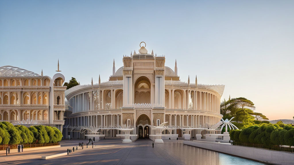 White Palace with Arches, Domes & Palm Trees on Blue Sky