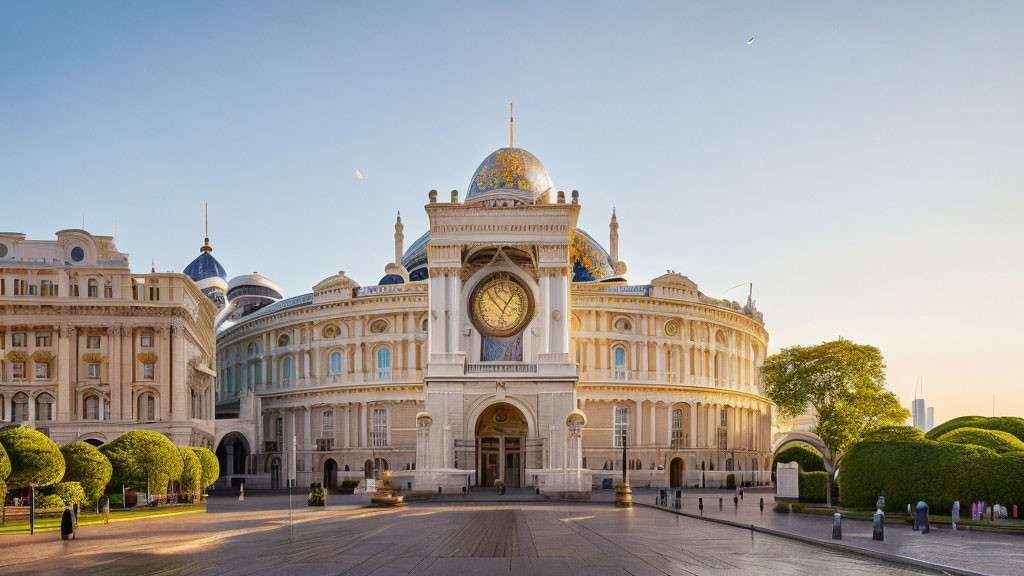 Neoclassical building with grand clock and domed roof surrounded by greenery