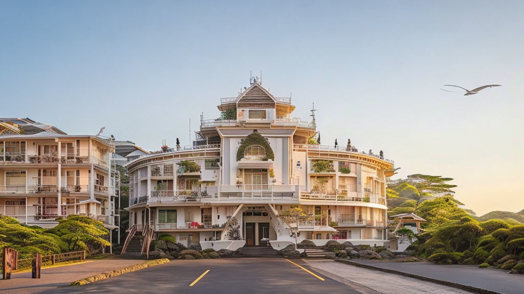 Luxurious white hotel with balconies on serene tree-lined street under warm sky