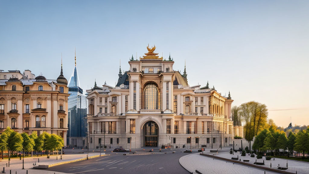 Neoclassical-style building with golden accents in scenic setting