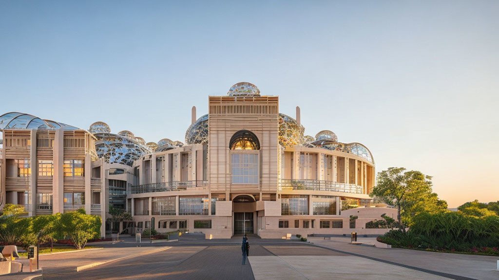 Architectural marvel with arched entrance, domes, lone figure at dusk