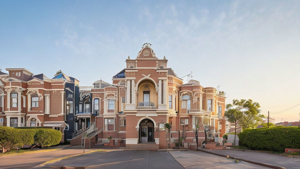 Symmetrical red-brick building with arched entrance and white trim under blue sky