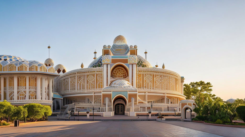 Intricate patterned building with traditional and modern blend under clear dusk sky