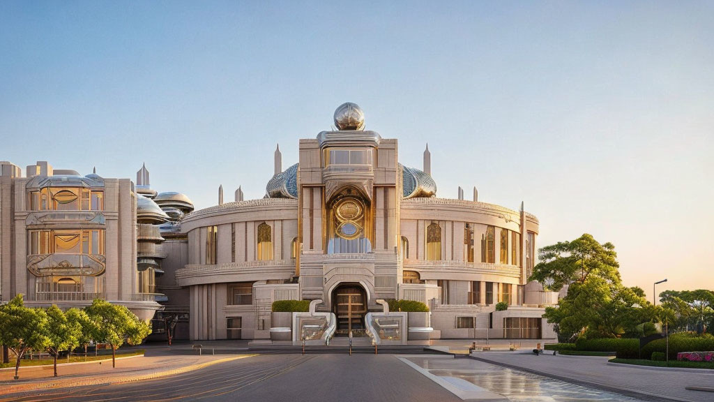 Futuristic silver and gray building with spherical elements and central dome at dusk