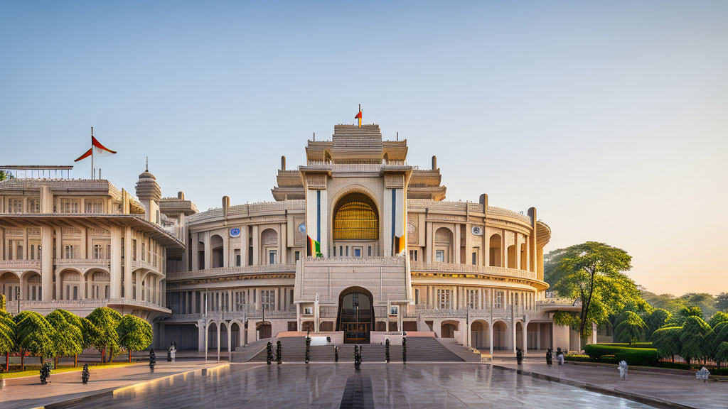 Traditional architectural building with domes and flags at sunrise or sunset.