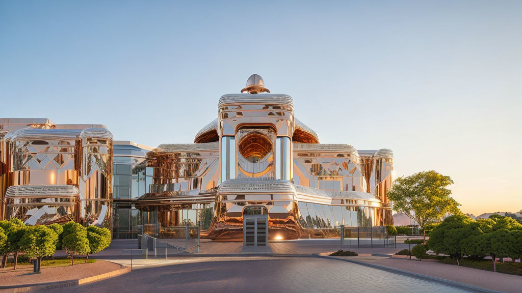 Reflective golden facade on futuristic building with central dome in blue sky setting