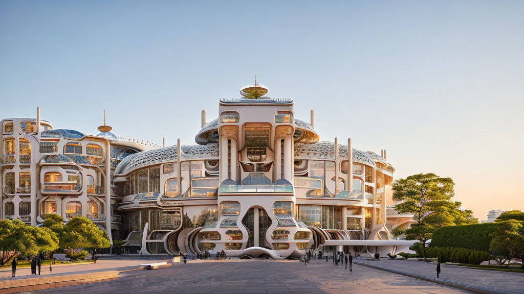 Organic architectural design with circular windows and terraces against clear sunset sky