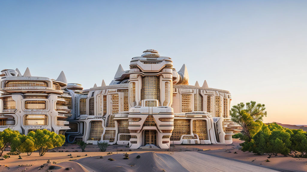 Intricate White Multi-Level Structures in Futuristic Desert Compound