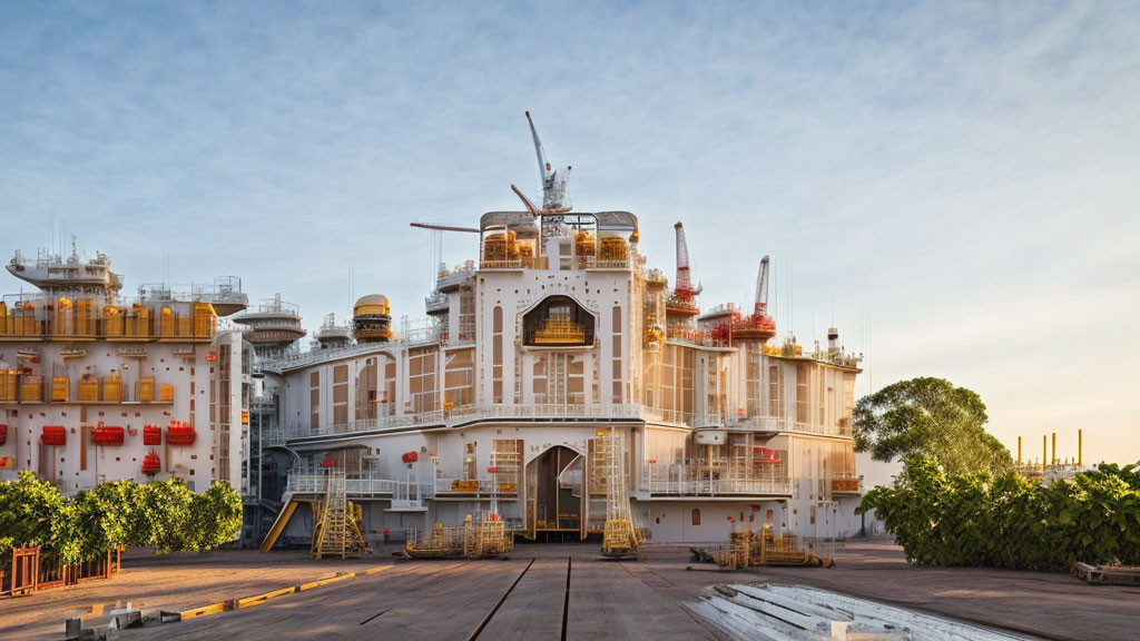 Industrial building with tanks and pipes at sunrise or sunset