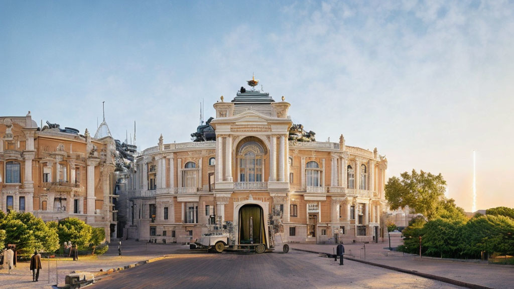 Neoclassical architecture of grand historic building at dawn or dusk