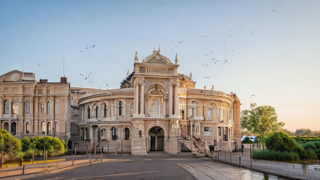 Elaborate classical building with sculptures, birds flying, and waterfront.