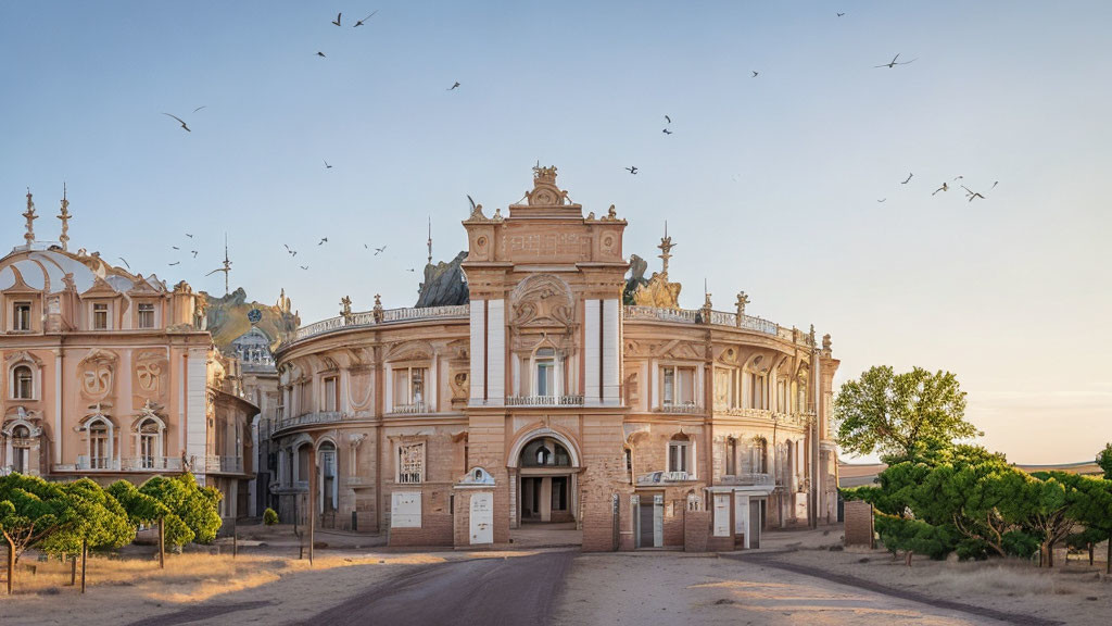 Baroque architecture building with trees and birds under clear sky