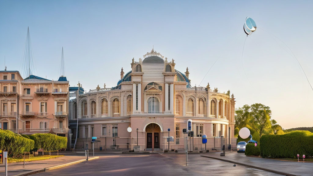 Ornate building with arches, dome, trees, streetlamps, and balloon in clear