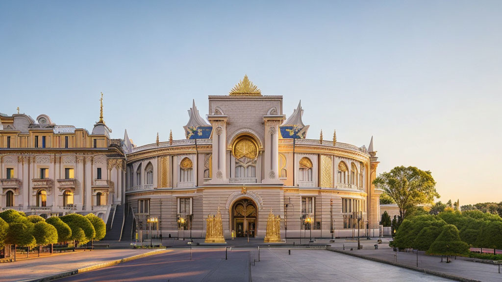 Majestic building with golden entrance and blue rooftops at dawn or dusk