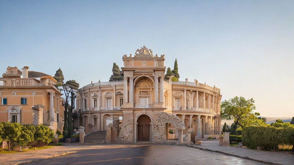 Neoclassical Building in Soft Sunlight Amid Manicured Trees