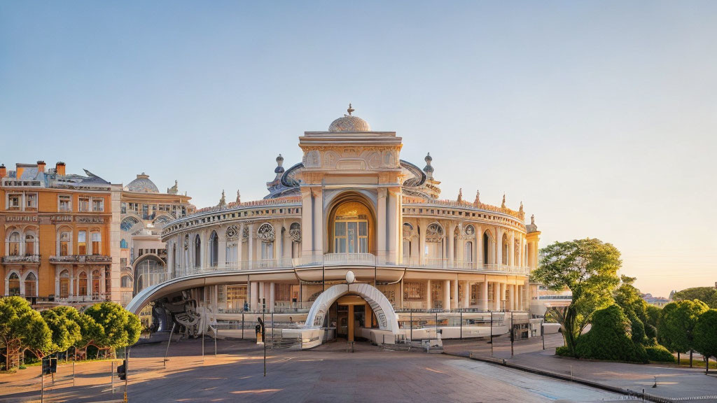 Neoclassical building with curved portico at sunrise