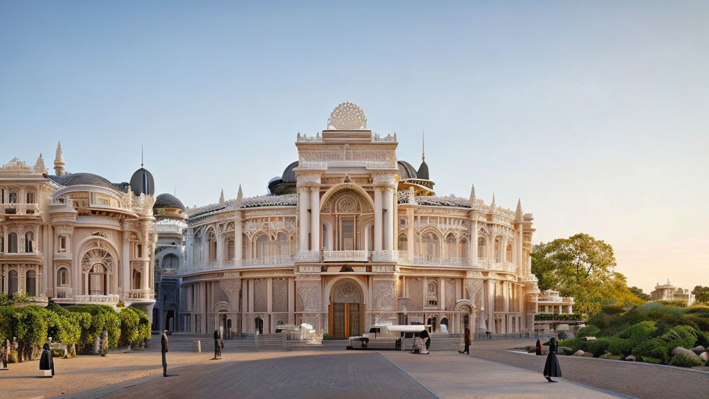 Intricate palace architecture against clear dusk sky with courtyard activity