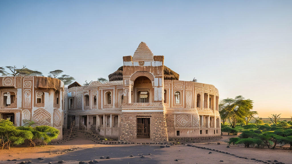 Sudanese-style Buildings with Unique Decorative Patterns in Desert Sunset