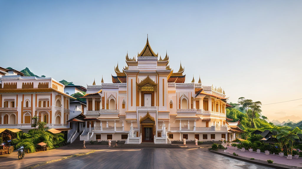 Golden-accented white building with spires against clear sky and greenery