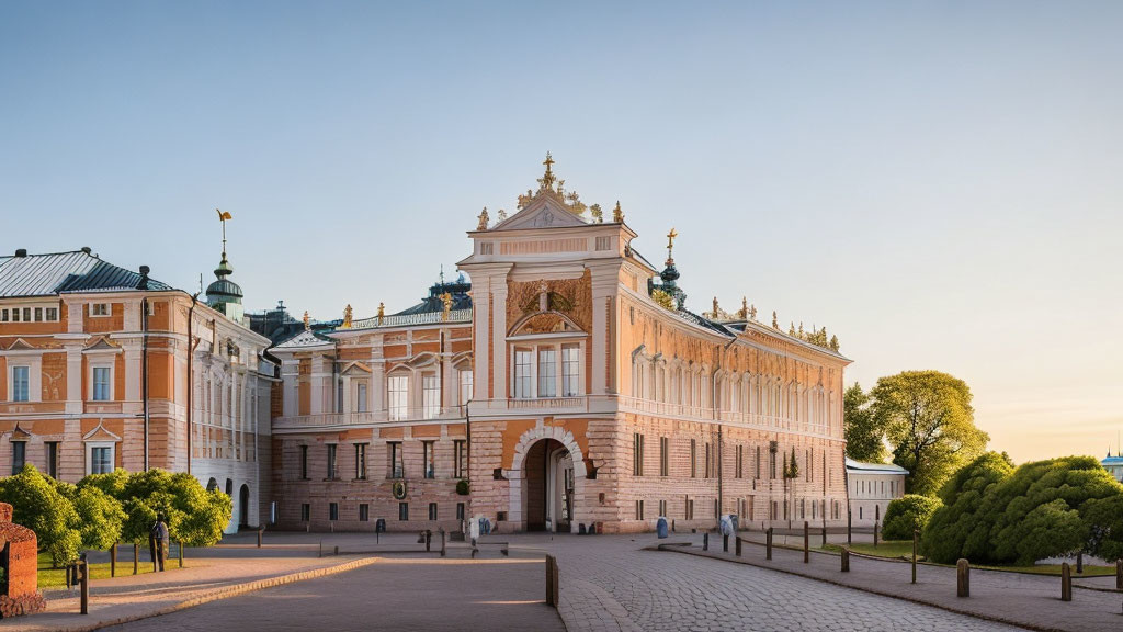 Royal palace with intricate architecture in warm sunlight