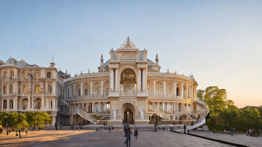 Historical white building with intricate architecture at sunset