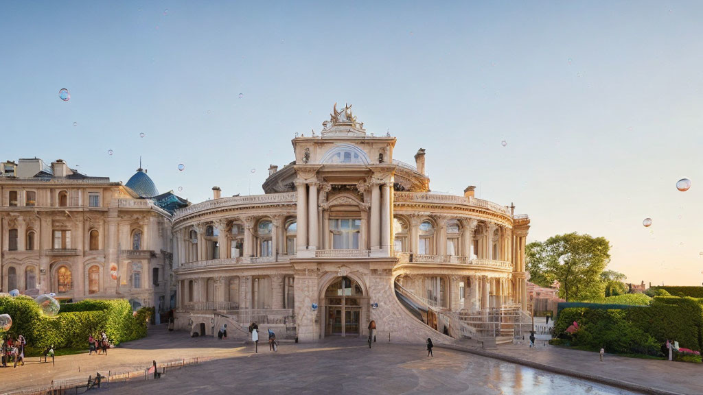 Baroque European building with soap bubbles and people under clear sky