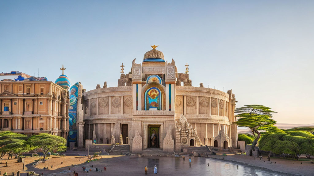 Circular beige building with blue dome and religious artworks in courtyard