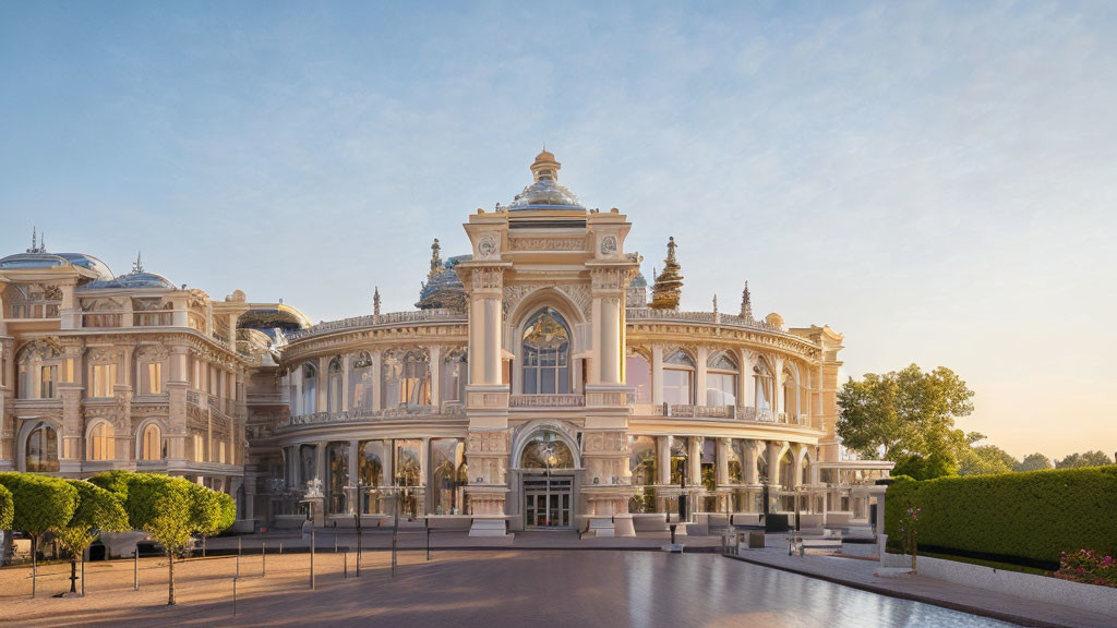 Ornate classical building with central dome in front courtyard