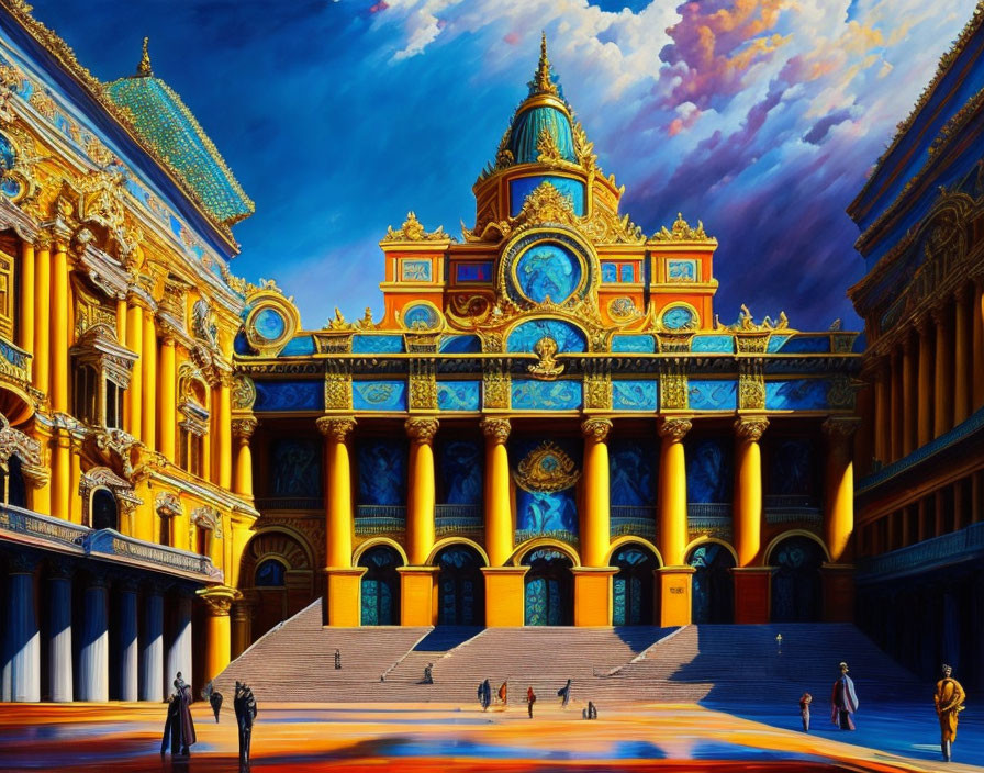 Grand classical building with golden details, clock, and people walking in a vibrant artwork