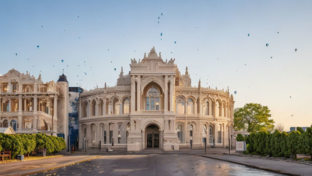 Neoclassical building with intricate facade details and floating balloons in clear sky