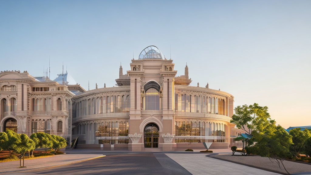 Neoclassical-style Building with Arched Entrance and Dome at Sunrise or Sunset