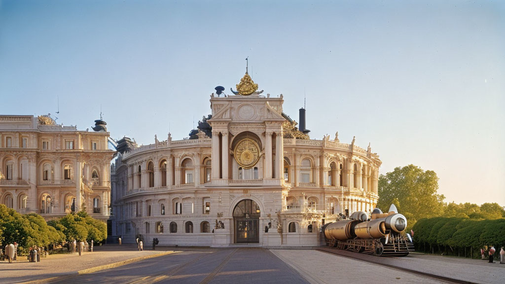 Neoclassical building with clock, golden adornments, cannons, clear sky at dusk or dawn